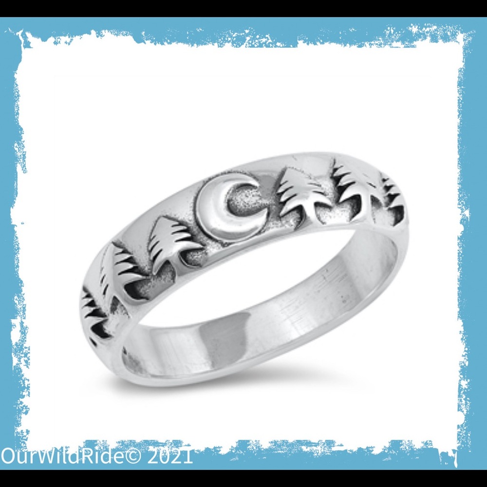 Sterling Silver‎ Crescent Moon & Trees Ring